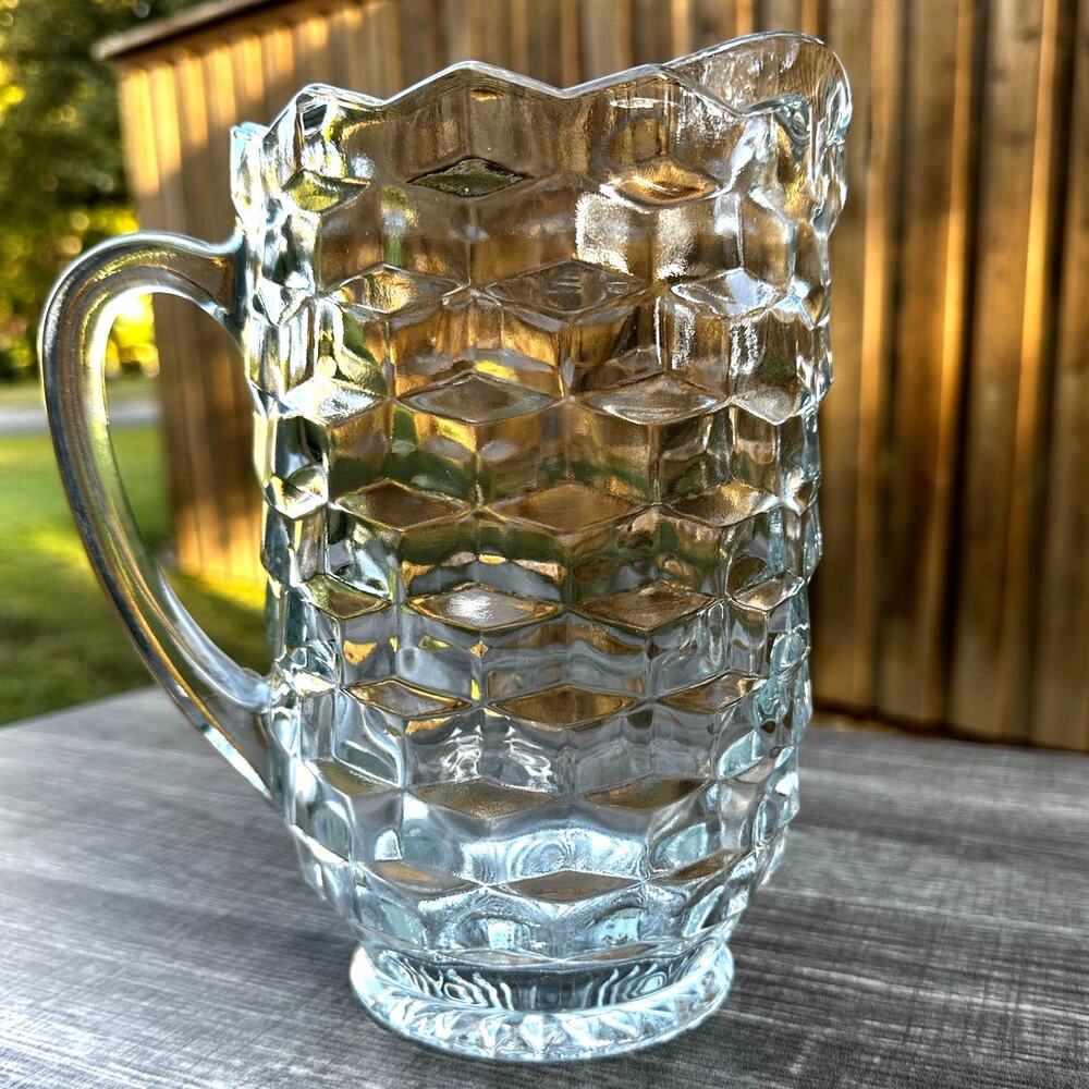 Indiana Glass Whitehall Clear Cubist 8.5" Tall Mid Century Heavy 52 oz Pitcher